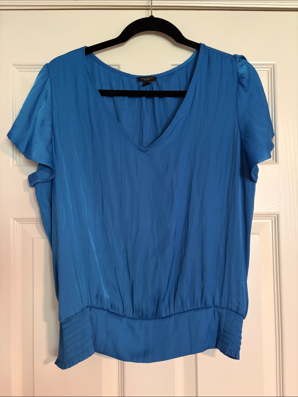 Ann Taylor Factory Cerulean V-Neck Flutter Sleeve Blouse